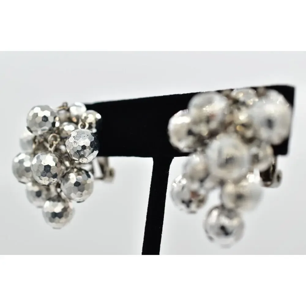 Laguna Vintage Clip On Crystal Earrings Silver Disco Chandelier Signed 50s BinBK